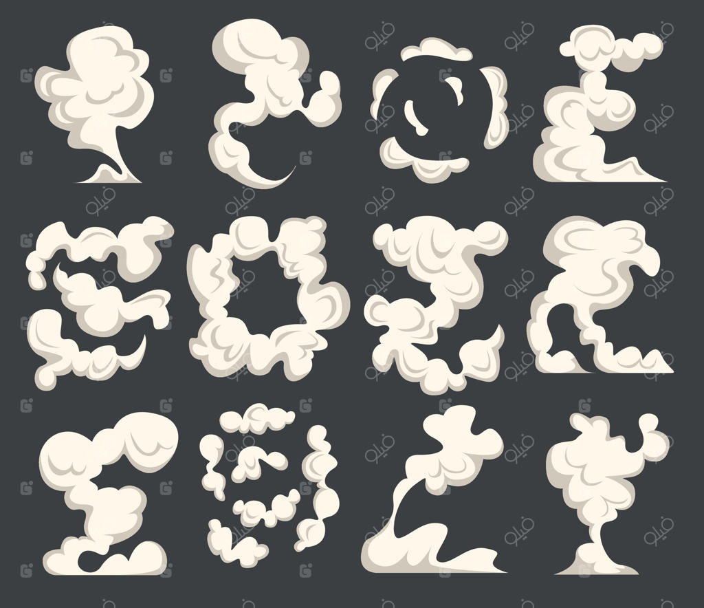 دود کارتونی در باد، کیت دودِ کمیک. افکت انفجار، المان‌های بخار غذا یا دود آتش. ابرهای سفیدِ در حرکت، مجموعه طرح بخار