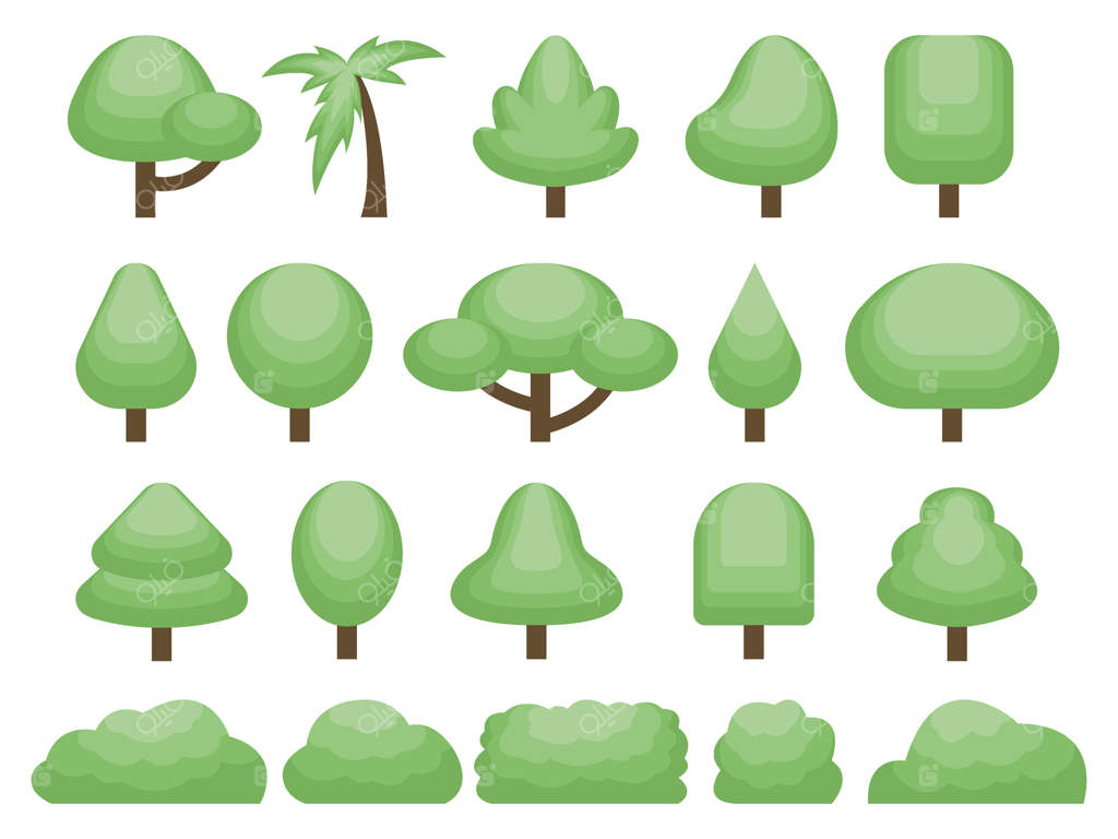 مجموعه‌ای از نمای جلویی درختان و بوته‌ها با اشکال مختلف برای تزیین باغ. تصویرسازی با رنگ‌های مسطح، جدا شده بر روی پس‌زمینه سفید.