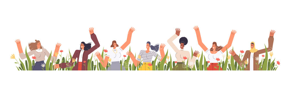 زنان شاد از ملیت‌های مختلف دست تکان می‌دهند در میان گل‌ها و چمنزار. جشن بهاری روز جهانی زن ۸ مارس. بر روی زمینه سفید.