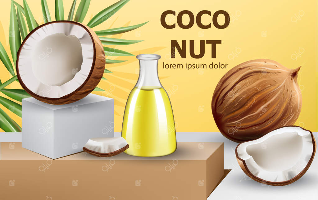 نارگیل‌های کامل و شکسته همراه با برگ مونسترا و بطری روغن روی سکوی زیبا. فضای مناسب برای متن