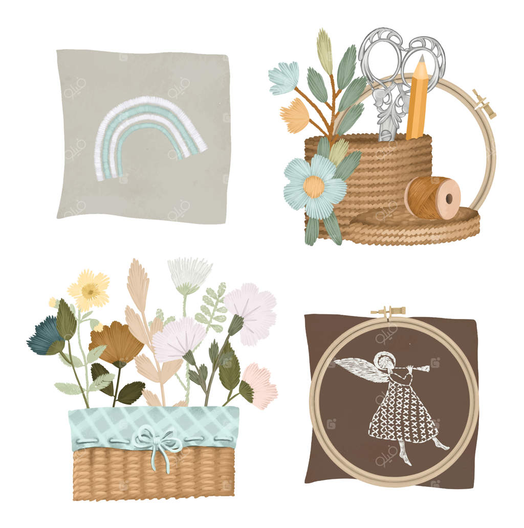 مجموعه عناصر گرافیکی گلدوزی، حلقه گلدوزی و مجموعه ابزار و لوازم جانبی دوخت و دوز