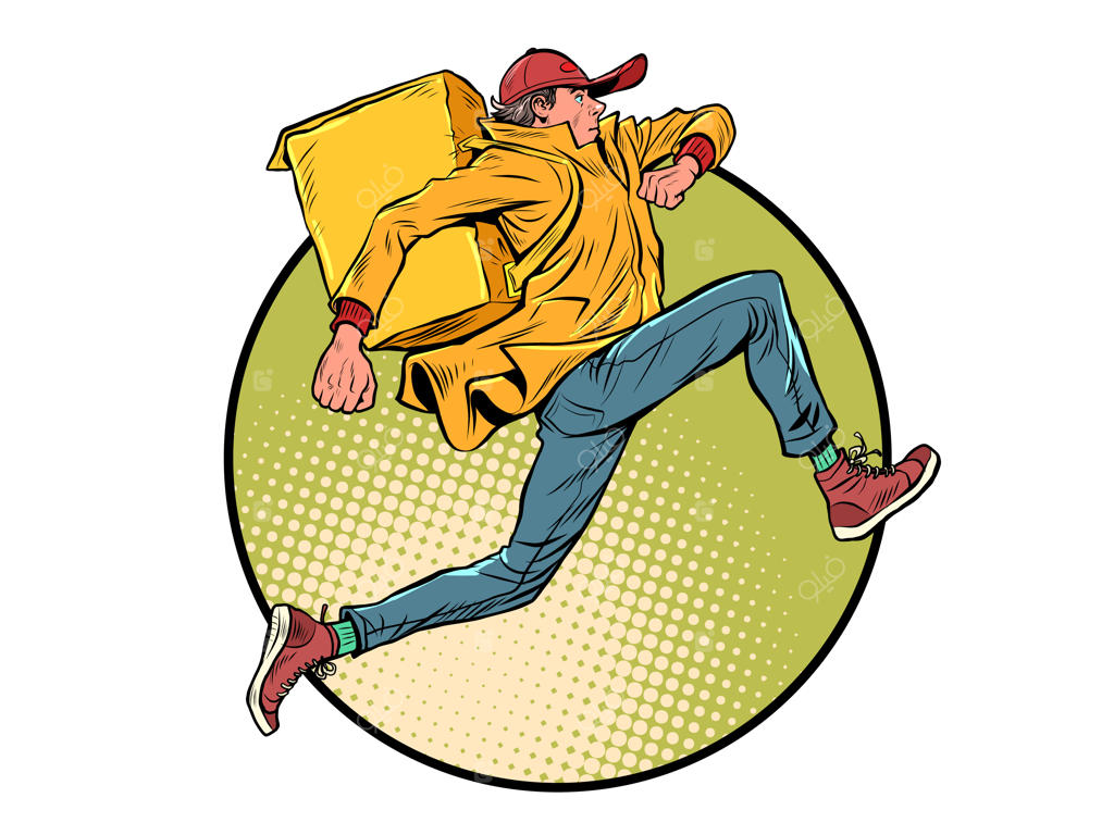 پیک ارسال غذا با سرعت، خدمات فروشگاه آنلاین یا رستوران. نقاشی سبک پاپ‌آرت وینتج دهه‌های ۵۰ و ۶۰ میلادی