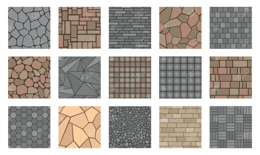 سنگفرش خیابان: طرح کفپوش کاشی‌سنگی برای پیاده‌رو و باغچه، بافت کفپوش فضای باز و خیابان بتنی. نقشه سنگفرش پارک به صورت وکتور.