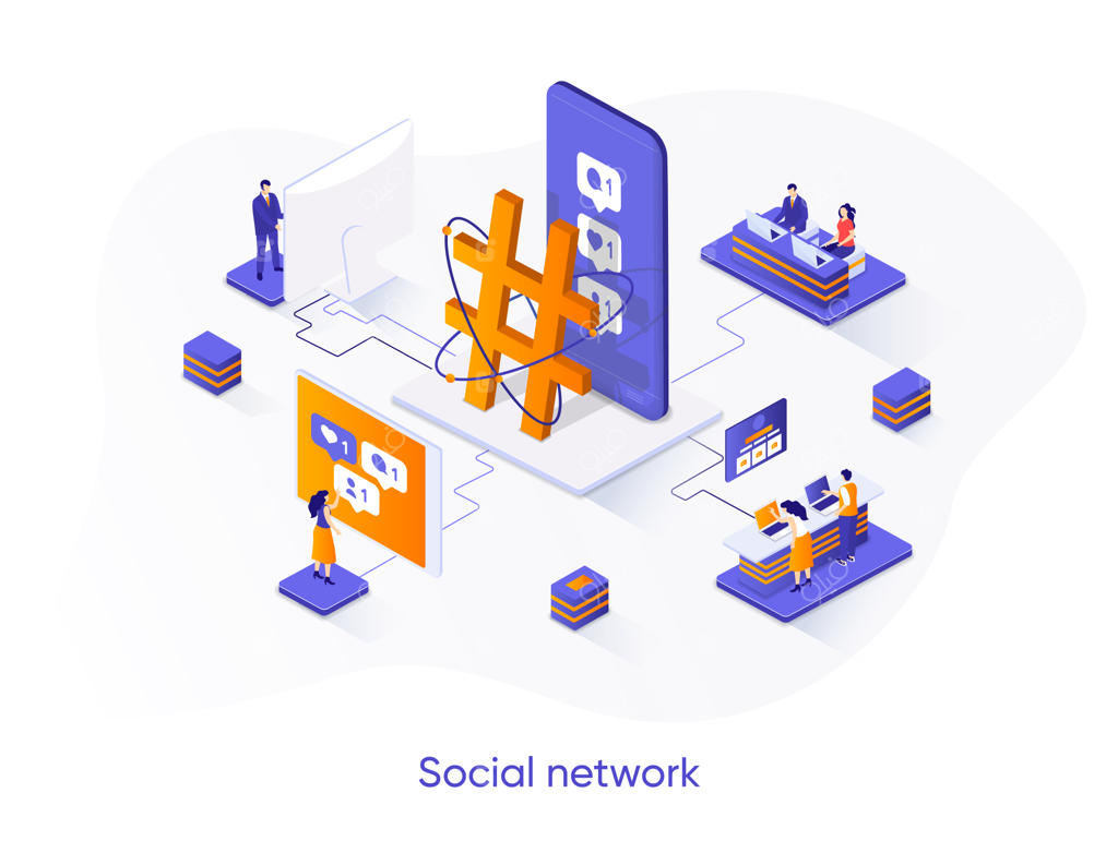 تصویر ایزومتریک شبکه اجتماعی با کاراکترهای انسانی