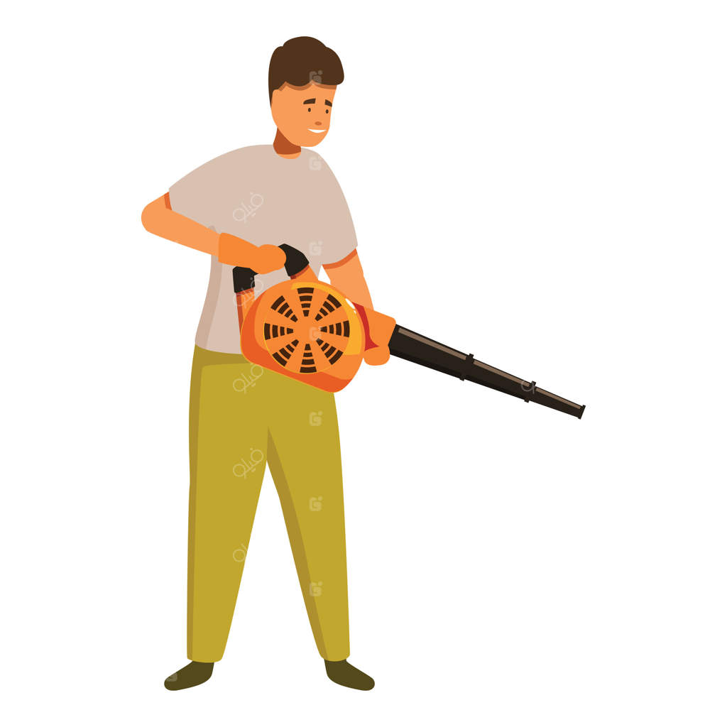 باغبان مشغول تمیزکاری با دمنده برگ، ابزار باغبانی برای تجهیزات مدرن باغ است.