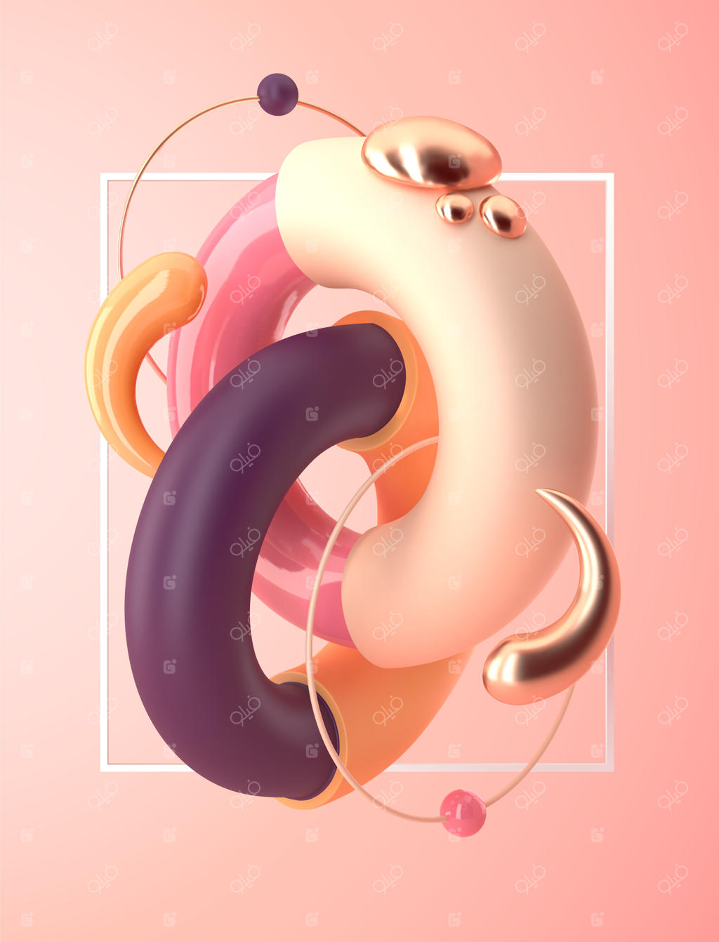 صحنه‌سازی سه‌بعدی انتزاعی با فرم‌های هندسی در رنگ‌های پاستلی و طلایی