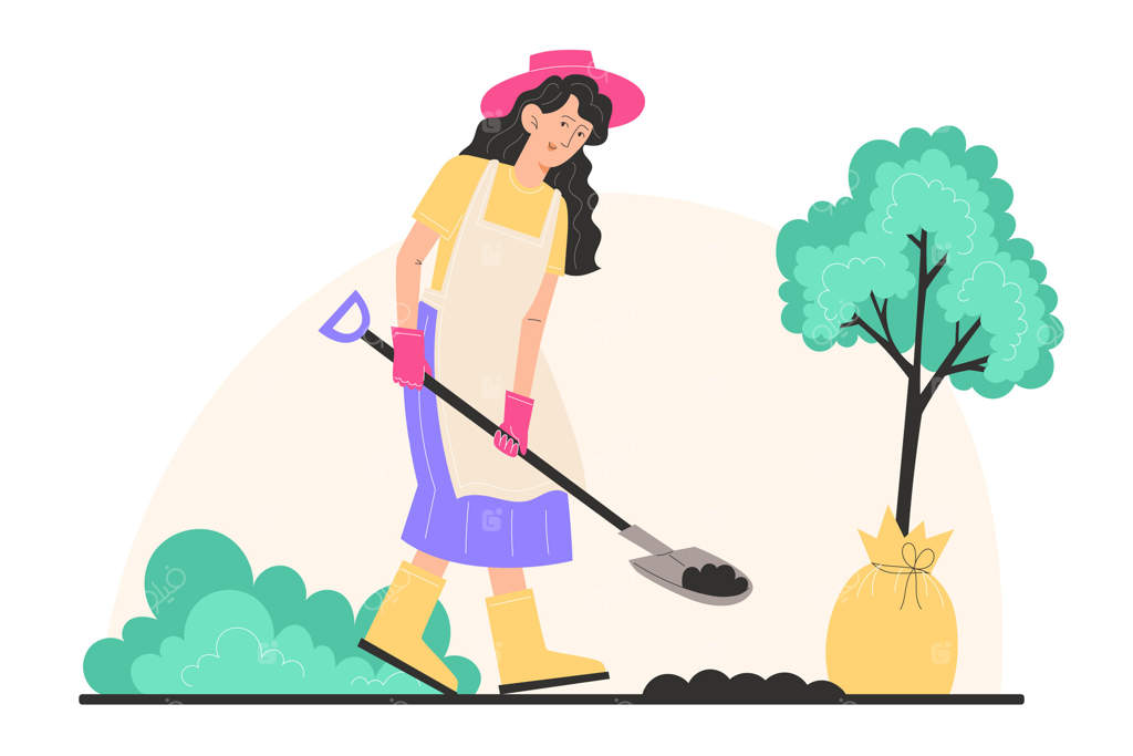 دختری جوان با لباس باغبانی زمین را با بیل حفر می‌کند و نهالی می‌کارد