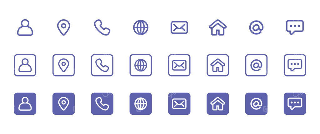 مجموعه آیکون تماس با ما: کارت ویزیت شامل کاربر، تلفن، وب‌سایت، مکان، آدرس، تلفن ثابت، ایمیل، نمابر، و نمادها برای اپ‌ها و وب‌سایت‌ها.