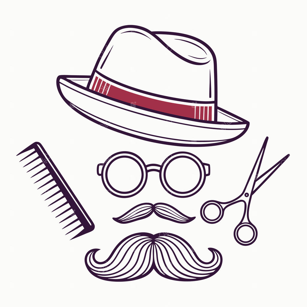 عناصر کلاسیک آرایشگاهی: کلاه، سبیل، شانه، عینک و قیچی - تصویرسازی