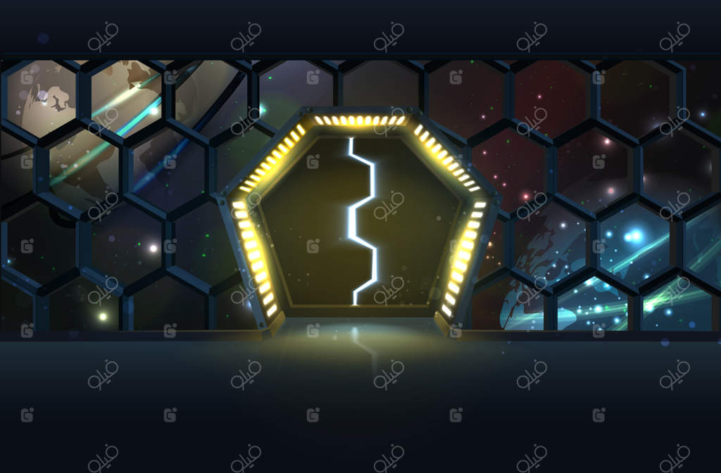 بنر تصویرسازی وکتور واقع‌گرایانه از فضای داخلی سفینه با درب شش‌ضلعی کشویی