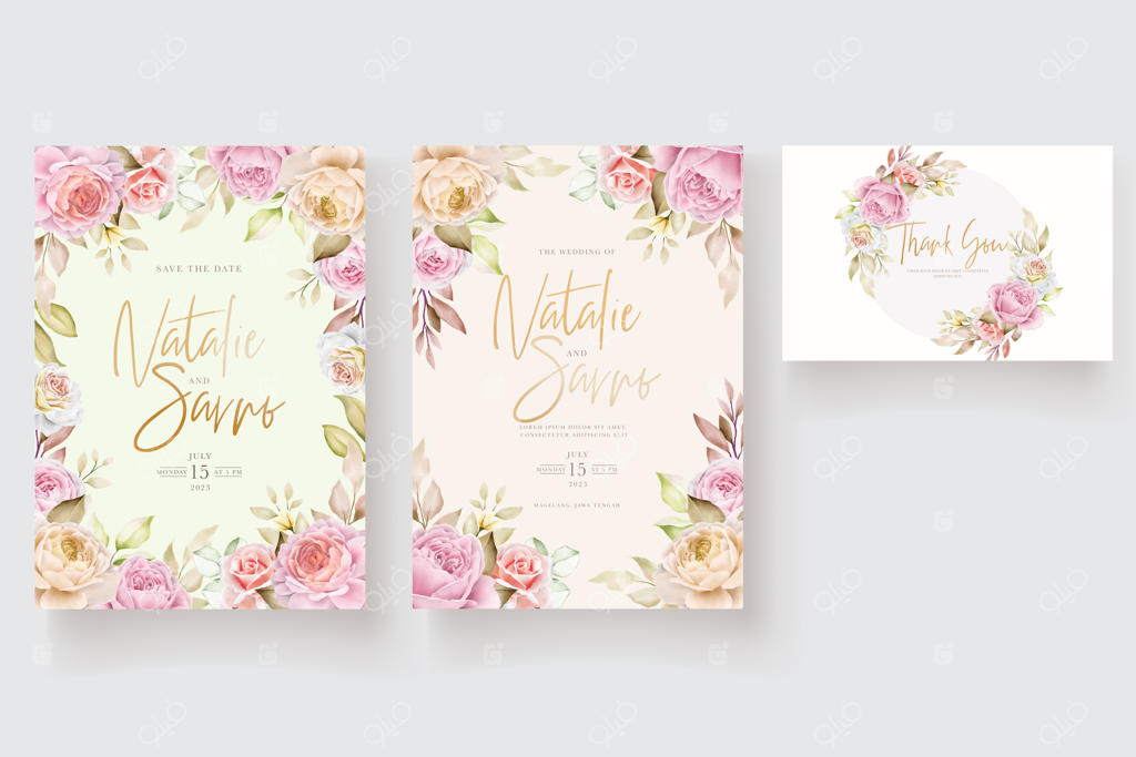 کارت دعوت گل‌ها و برگ‌های آبرنگی نرم