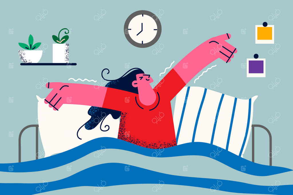 دختری خندان در رختخواب خانه، بیدار از روزی آفتابی و شاد. زنی جوان و خوش‌بین که در اتاق خوابی دنج بیدار می‌شود. مفهوم صبح بخیر. آرامش و استراحت. تصویرسازی وکتور.