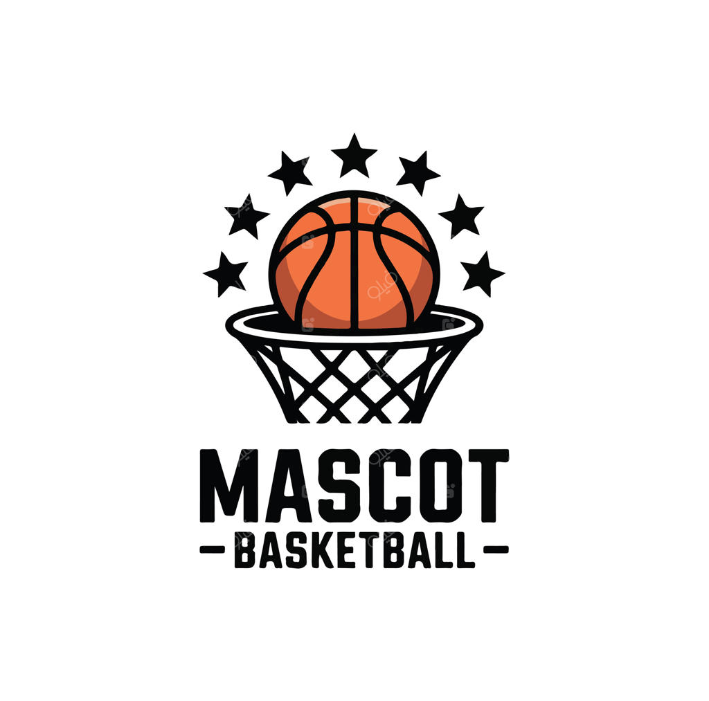 هنر طراحی لوگوی ماسکوت بسکتبال با توپ در حلقه و ستاره‌ها در اطراف