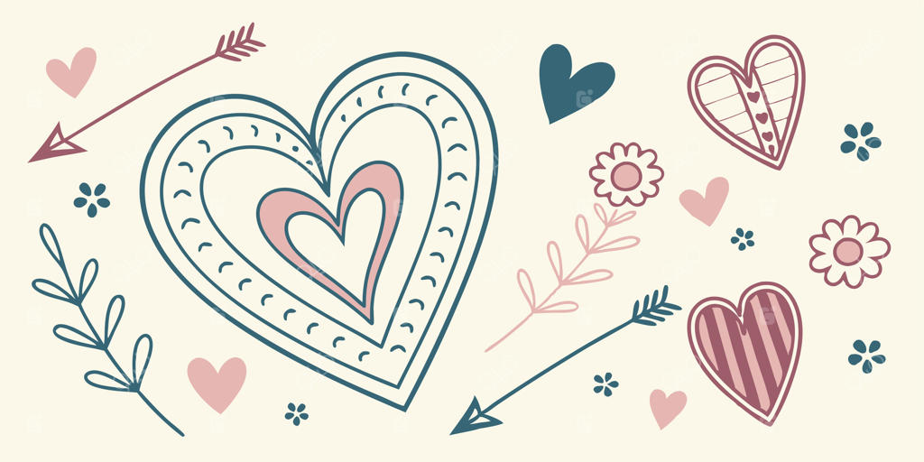 پترن قلب رمانتیک با رنگ‌های پاستلی ملایم و گل‌های فانتزی به سبک هنری دست‌ساز