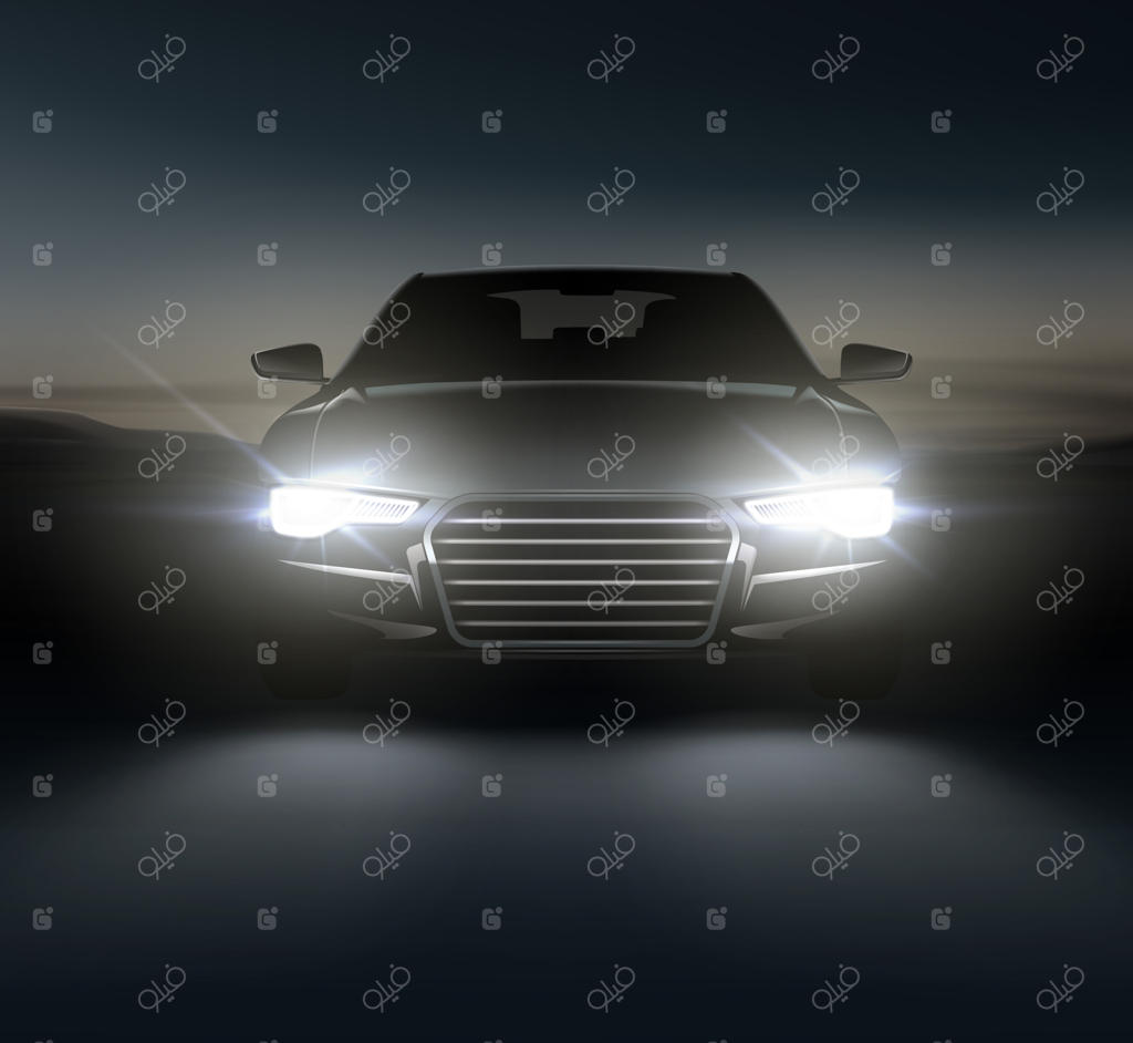 ترکیب واقع‌گرایانه چراغ‌های خودرو در منظره شبانه حومه شهر و سیلوئت خودروی شیک با چراغ‌های جلوی سفید و سایه‌ها