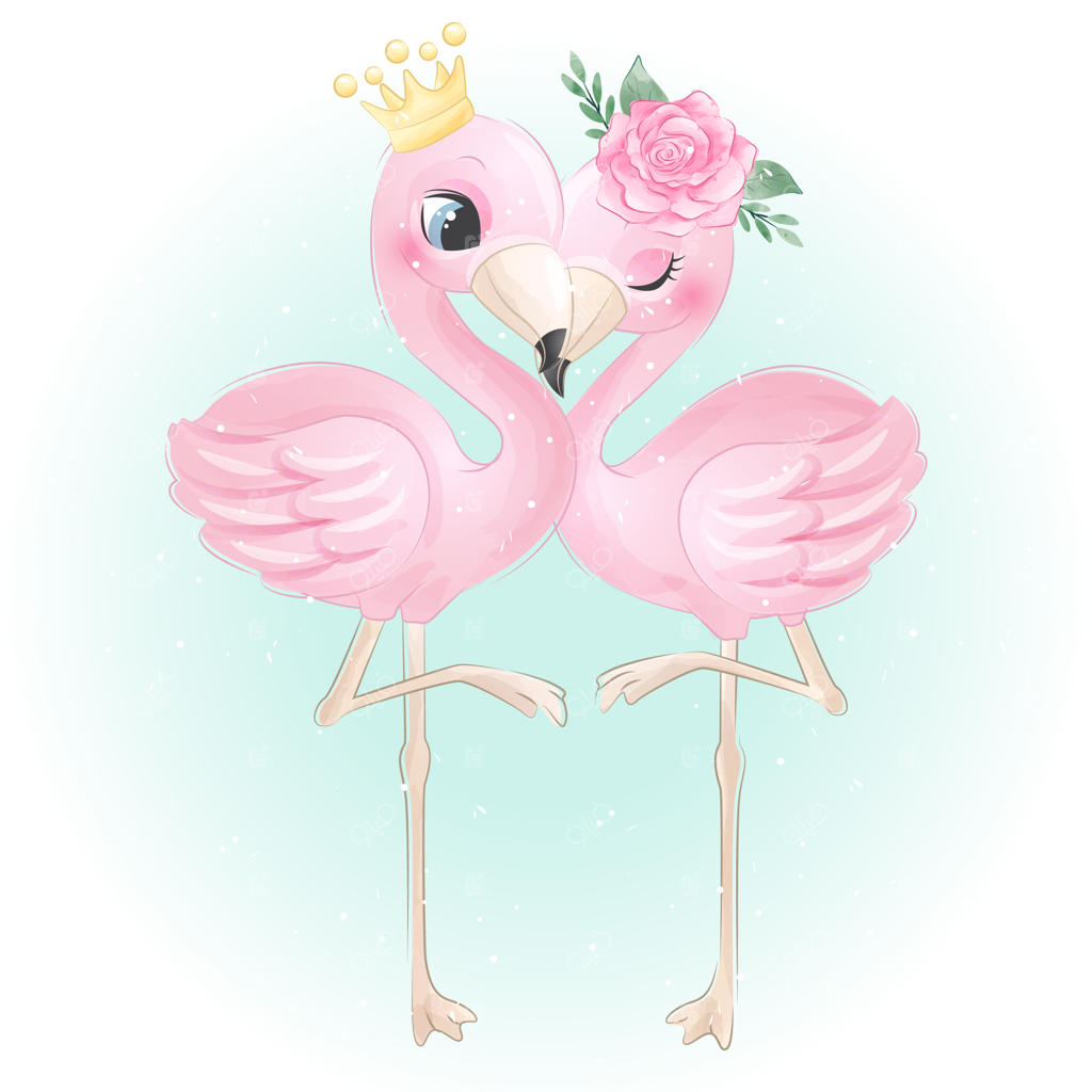 فلامینگوی بامزه با گل رز آبرنگی