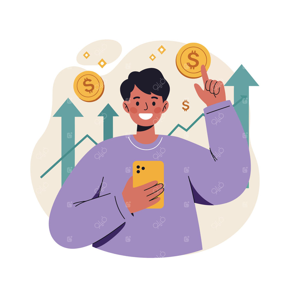 جوانی که تلفن هوشمند در دست دارد با نمادهای سکه و فلش‌های رشد مالی