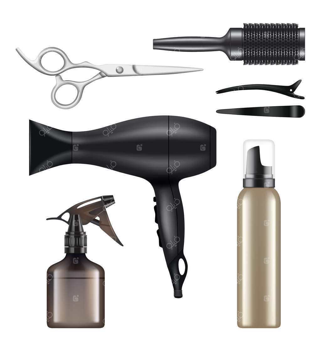 آرایشگاه: ابزارهای اصلاح مو برای آرایشگران - تصاویر واقعی از سشوار، قیچی و ماشین اصلاح.