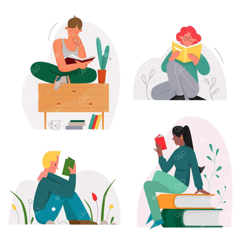 مجموعه‌ای از تصاوير فلت شخصیت‌هایی که نشسته و در حال کتاب خواندن هستند