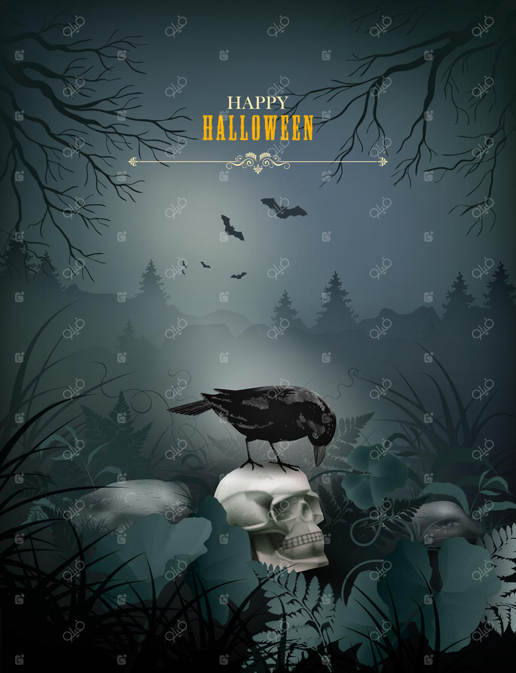 صحنه شب هالووین با جمجمه