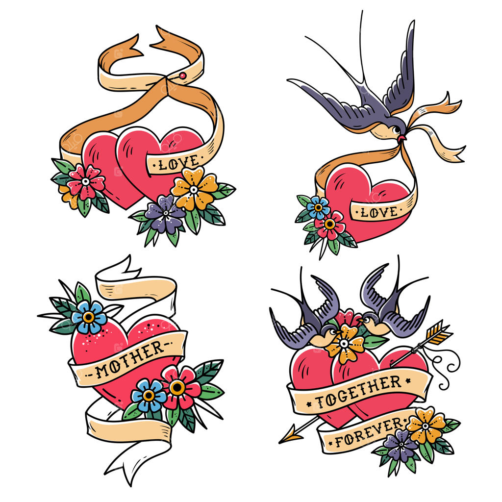 مجموعه‌ای از قلب‌ها با پرندگان به سبک قدیمی: دو قلب با تیر شکافته شده؛ قلب‌ها با گل و پرستو.