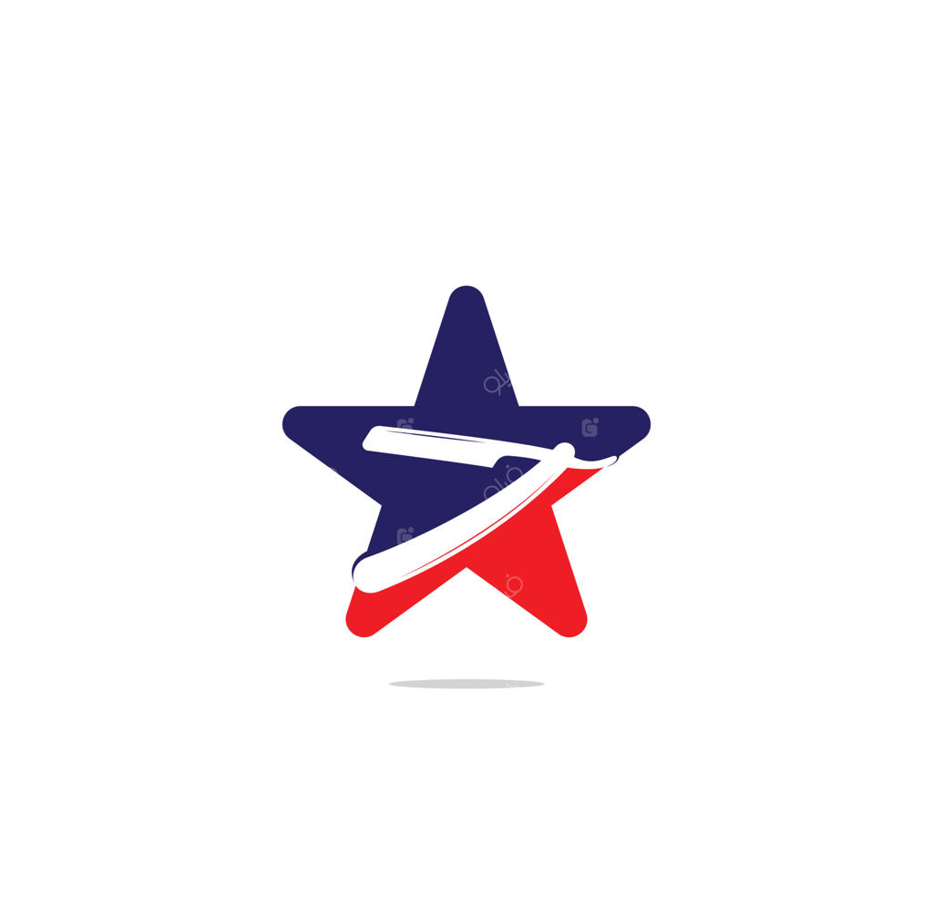 طراحی لوگوی مفهومی تیغ صورت‌تراشی با شکل ستاره. تصویر‌سازی تخت ساده. لوگو و برچسب آرایشگاه مردانه. لوگوی آرایشگاه با تیغ آرایشگاهی