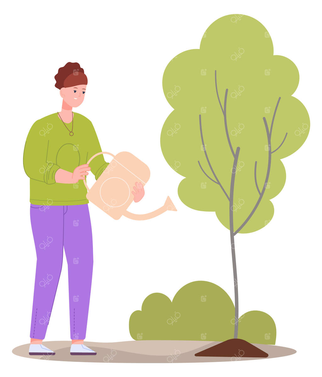 زنی در حال آبیاری نهال درخت با آبپاش - شخصیت باغبانی