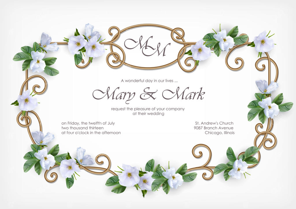 کارت دعوت عروسی با قاب طلایی تزئینی و گل‌های سفید