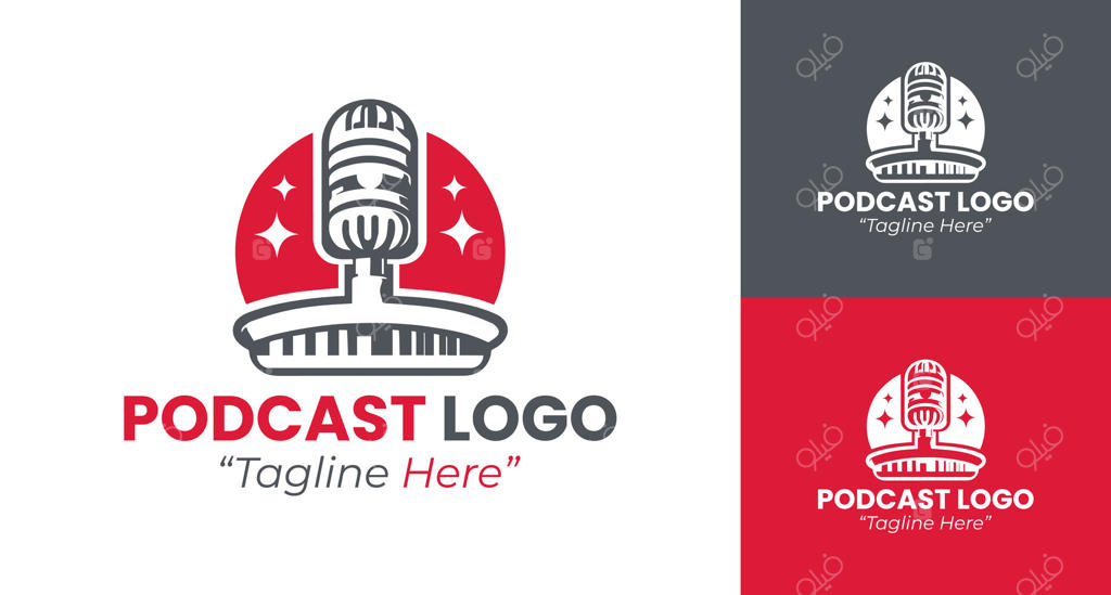 طراحی لوگوی حرفه‌ای پادکست با رنگ‌های قرمز پررنگ و خاکستری تیره