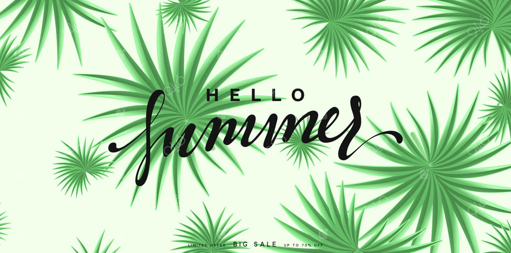 سلام تابستان: بنر با پس‌زمینه استوایی. فصل تابستان، پوستر با برگ‌های سبز. تصویر برداری وکتور.