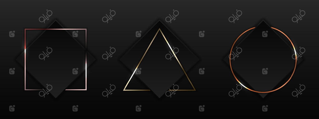 مجموعه‌ای از مربع‌های مشکی با حاشیه هندسی طلایی، رزگلد و مسی در پس‌زمینه تیره به سبک لوکس