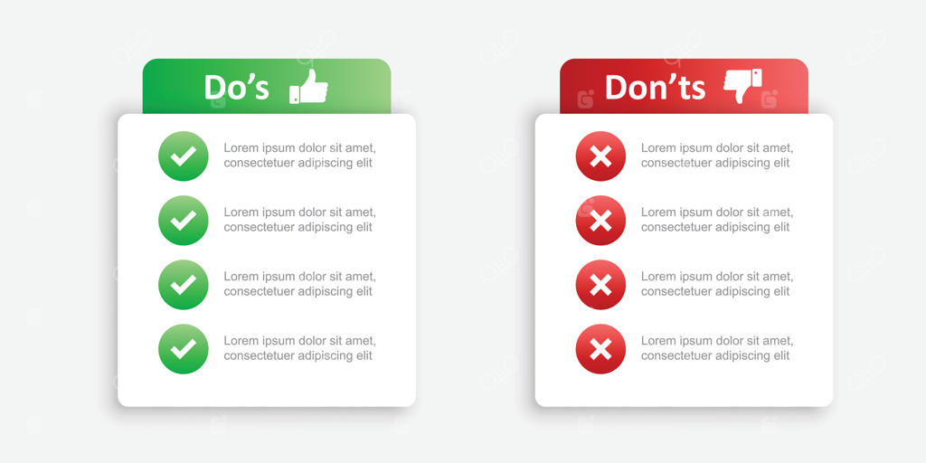 آیکون‌های باید و نباید به سبک تخت. تصویرسازی از بایدها و نبایدها در پس‌زمینه‌ای جداگانه. مفهوم کسب‌وکار با علائم مزایا و معایب.