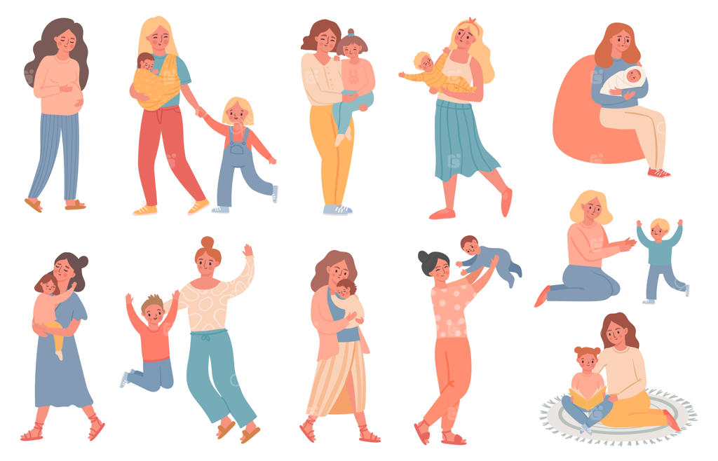 مادر و فرزند. زن باردار، بازی مادر با پسر، بغل کردن نوزاد، در آغوش گرفتن دختر و کتاب خواندن. روز مادر مبارک. مجموعه وکتور خانواده تک‌سرپرست. تصویرسازی مادر باردار و زن به همراه کودک.