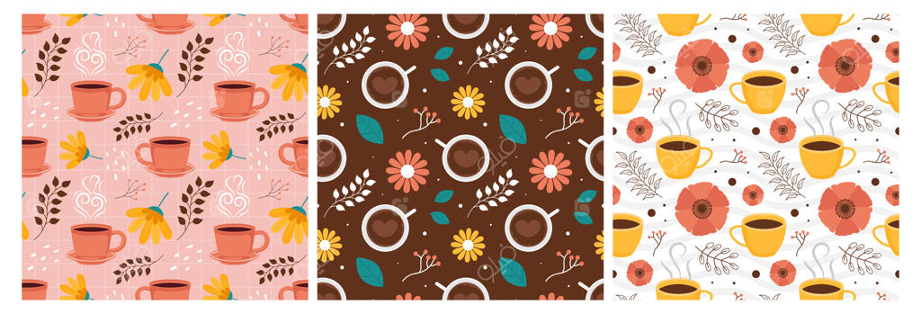 طرح یکپارچه زمان قهوه با دانه‌های کاکائو، غلات و پارچ به سبک کارتونی و تخت