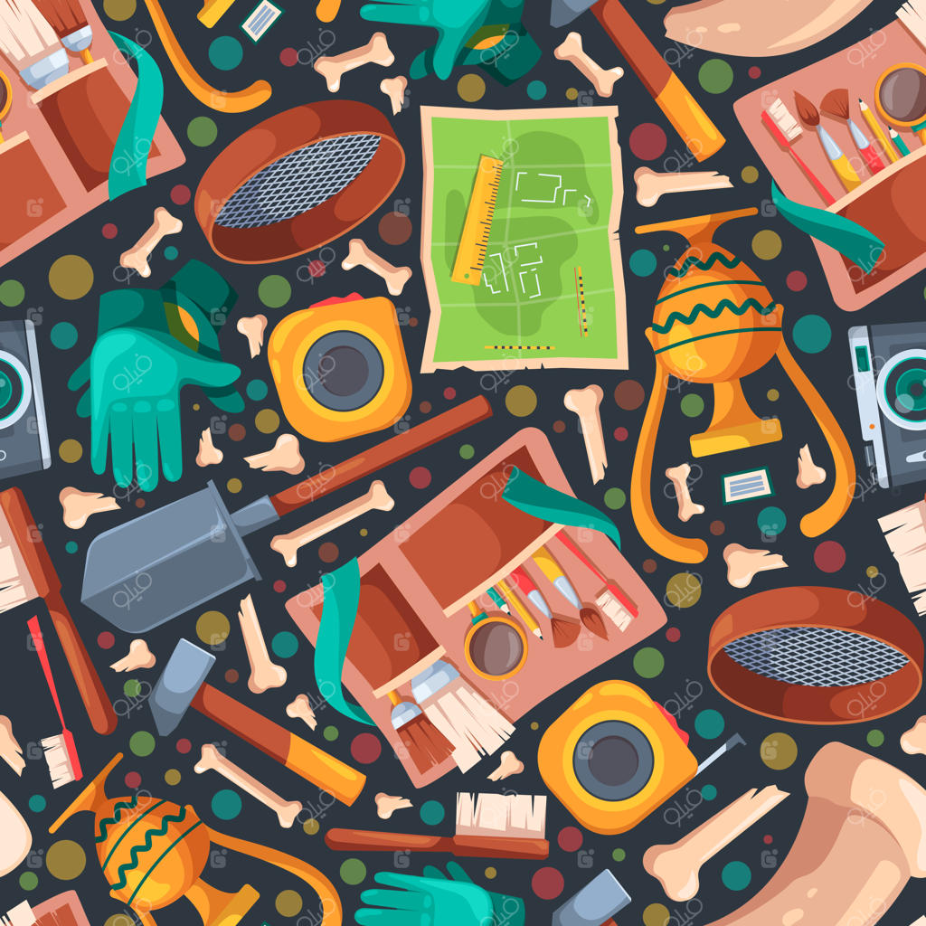 تاریخچه کاوش‌های الگوهای باستان‌شناسی: تجهیزات حفاری، اشیاء باستانی، استخوان‌ها، نقشه‌ی یافته‌ها، جمجمه‌ها، پروژه طراحی نساجی، وکتور زرق و برق‌دار پس‌زمینه بی‌نهایت