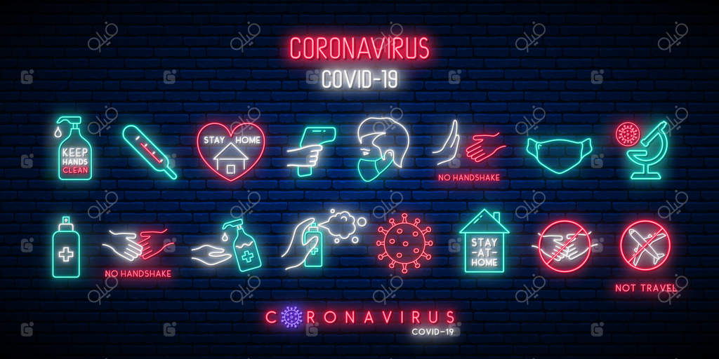 مجموعه آیکون‌های محافظت از کووید-۱۹ به سبک نئونی.