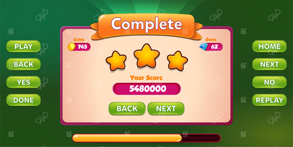 منوی پایان مرحله با امتیاز ستاره‌ها و دکمه‌ها ظاهر شد