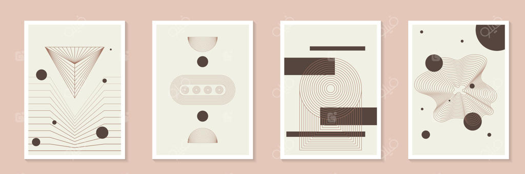 مجموعه پوستر مینیمال با سبک مدرنِ میانه‌قرن (Mid-century). قالب کاور هندسی با رنگ سال پنتون (موس موکا) و طرح‌های خطی مدرن و هنری (Aesthetic). انتخابی ایده‌آل برای کاغذ دیواری.