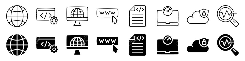 مجموعه آیکون‌های توسعه وب و اینترنت با سبک خطی و سیلوئت