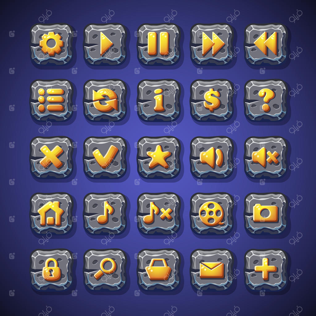 مجموعه‌ای از دکمه‌ها: توقف، پخش، خانه، جستجو، سبد خرید برای استفاده در رابط کاربری بازی‌های کامپیوتری