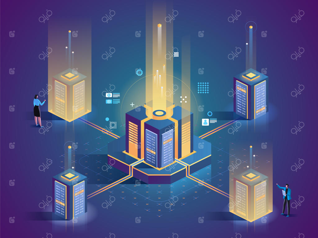 تعمیر و نگهداری سرور - تصویر ایزومتریک با تکنسین‌ها و مهندسان مرکز داده به صورت کاراکترهای کارتونی سه‌بعدی