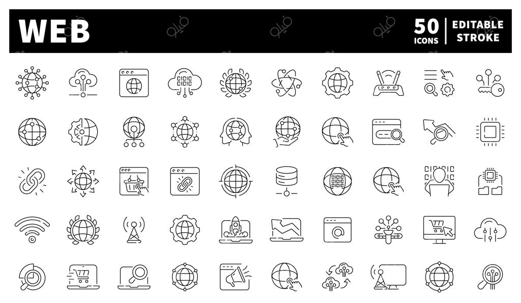 مجموعه ۵۰ آیکون خطی وب؛ شامل رابط کاربری، هاستینگ، دامنه و ابزارهای وب