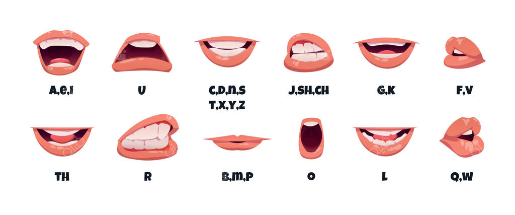 انیمیشن هماهنگ‌سازی لب‌ها: شخصیت کارتونی در حال صحبت، تلفظ صداها و حرکات لب‌ها به زبان انگلیسی. مجموعه‌ انحصاری از لب‌های متحرک وکتور