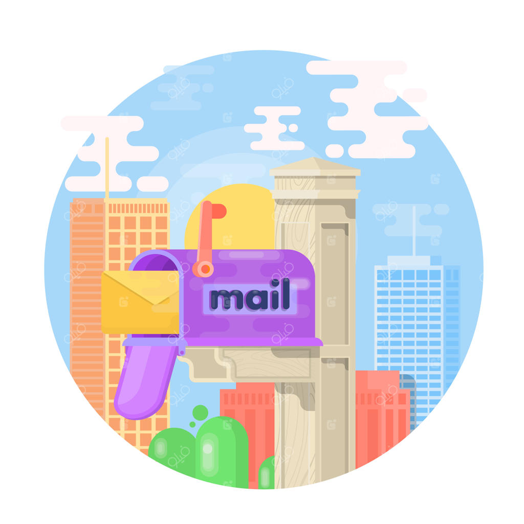 جعبه پستی باز با پاکت نامه روی درپوش، جدا از پس‌زمینه. تصویرسازی وکتور جعبه پستی به سبک تخت