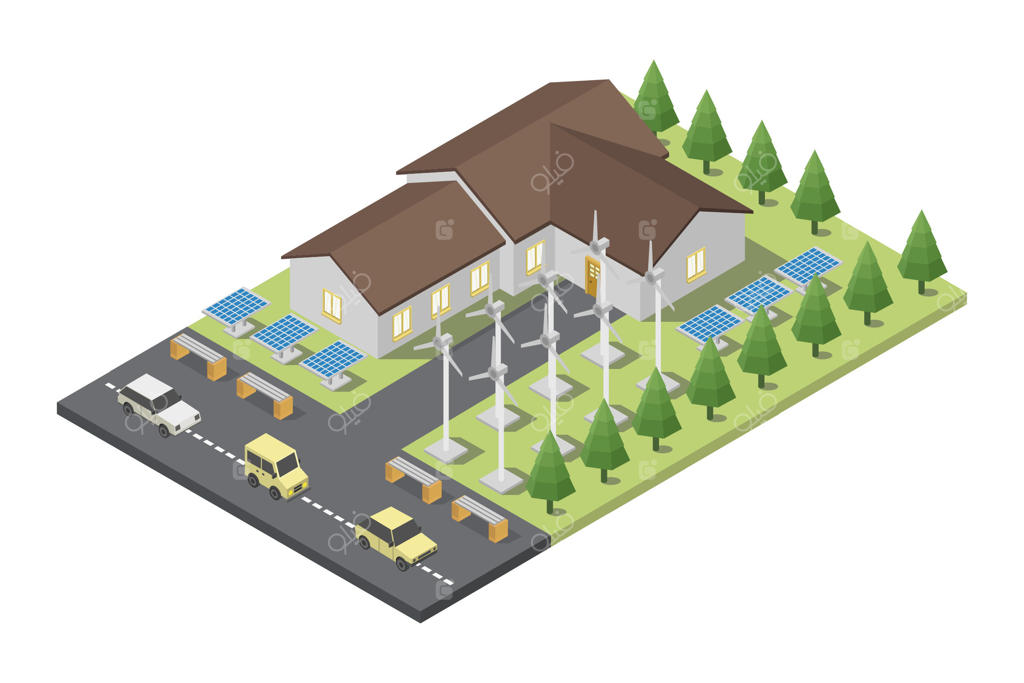 خانه قدیمی با پانل‌های خورشیدی به صورت ایزومتریک