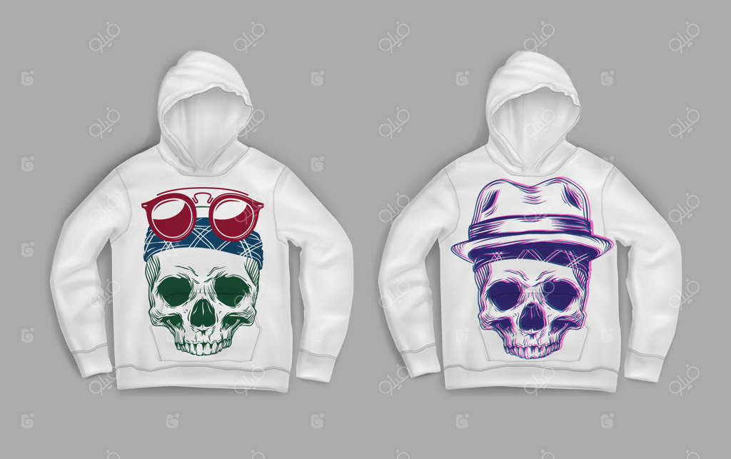 تصویری از جمجمه‌های رنگارنگ چاپ شده روی سویشرت سفید کلاه‌دار
