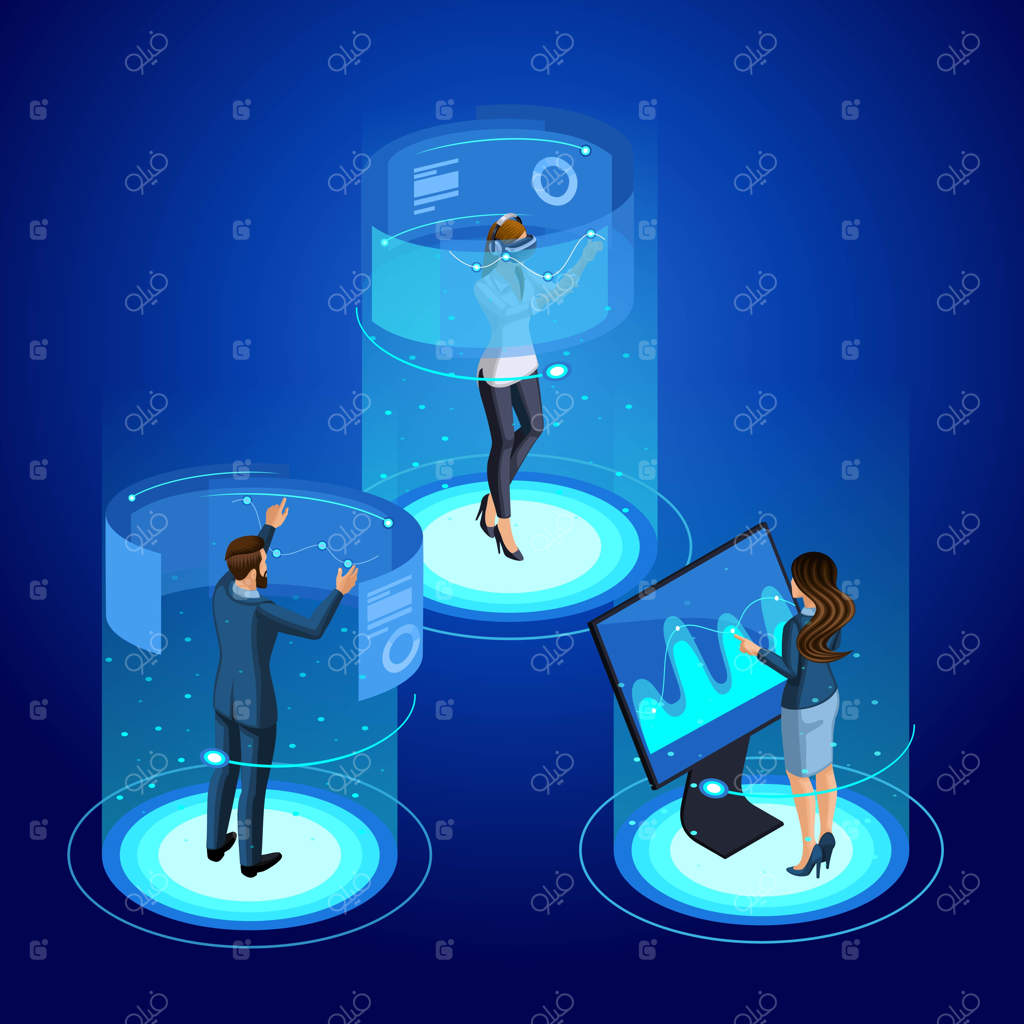 مدیریت صفحه‌نمایش مجازی توسط تاجر و بانو مدرن: ورود به دنیای واقعیت مجازی و فناوری آینده