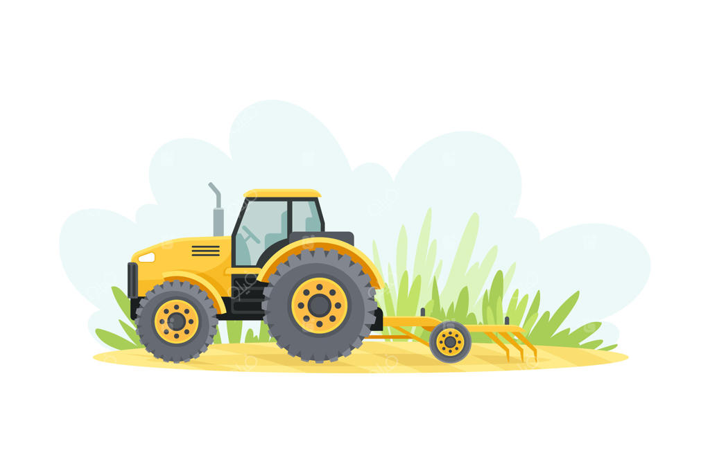 تصویرسازی تراکتور زرد با ادوات کشاورزی در پس‌زمینه سفید