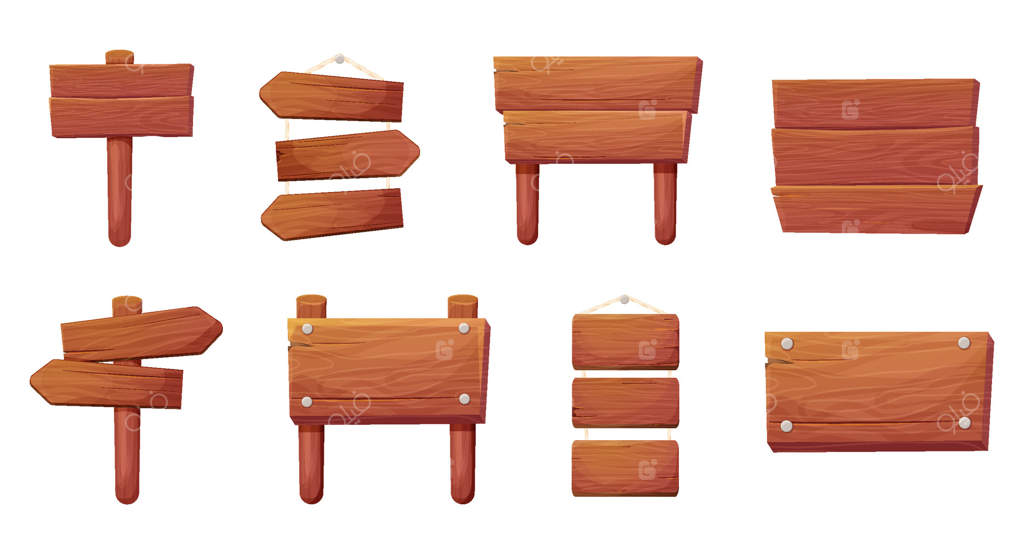 تابلوی چوبی بافت طبیعی - تابلو راهنما و اشاره برای بازی، مزرعه یا جنگل. طراحی رابط کاربری منو. تیرک راهنمای بافت‌دار و طبیعی برای فضای باز