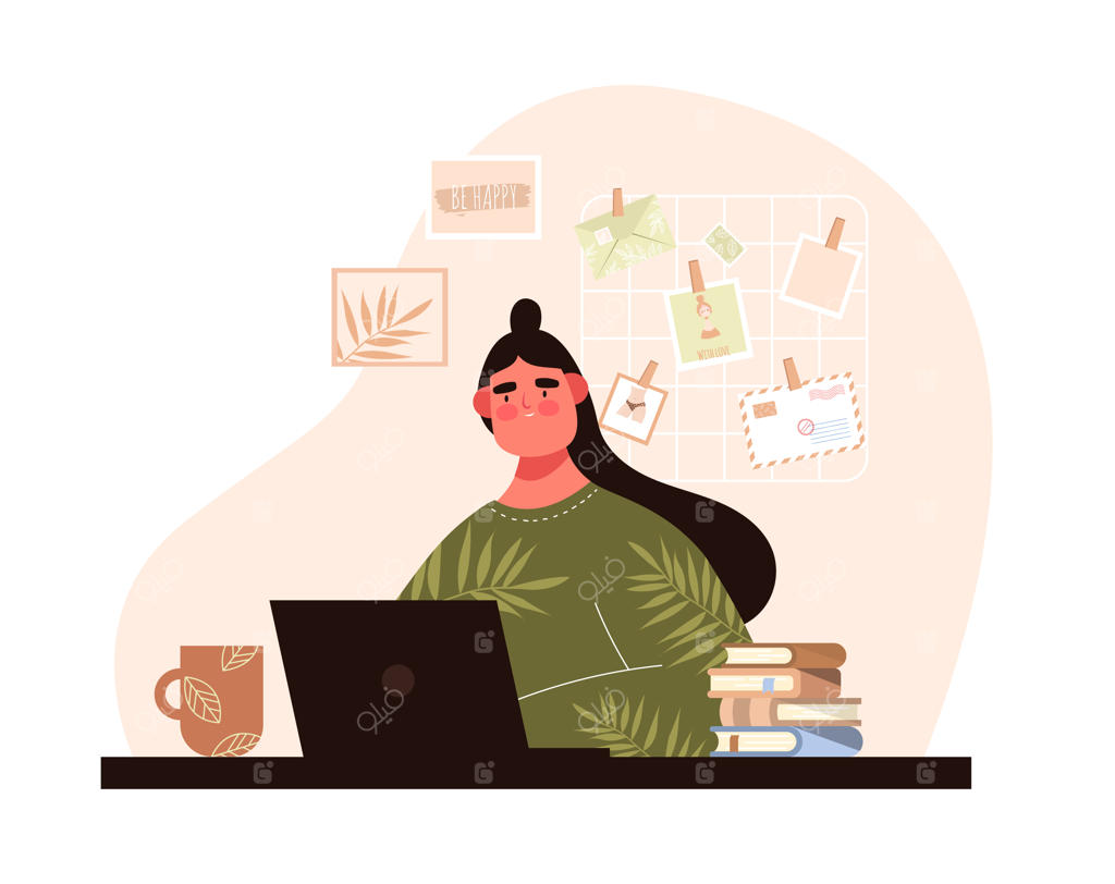 زن با لپ‌تاپ. نشسته بر سر میز همراه با قهوه. ارتباط آنلاین. شبکه‌های اجتماعی. آموزش کامپیوتر.